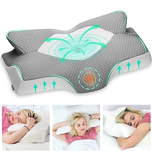 Elviros Cervical Contour Memory Foam Pillow for Neck Pain Orthopedic Neck Pillow for Shoulder Pain Ergonomic Head Neck Support Pillow for Side/Back/Stomach Sleepers with Removable Cover (Grey)