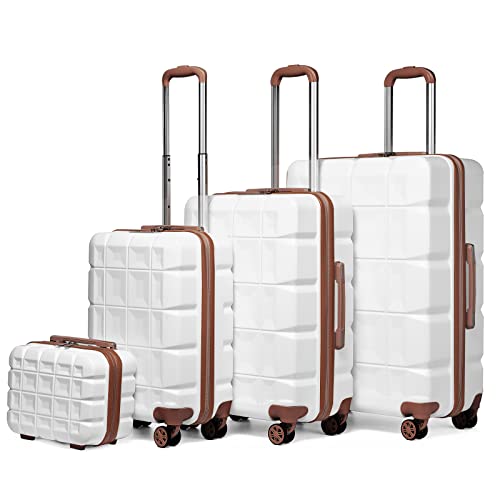 Kono Suitcase Sets of 4 Piece Lightweight ABS Hard Shell Luggage with TSA Lock Spinner Wheels 20' 24' 28' Travel Trolley Case + 13' Beauty Case (White, Set of 4)