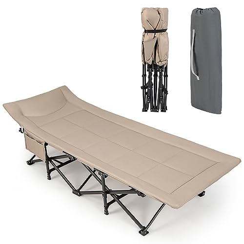 COSTWAY Folding Camping Bed for Adults, Extra Wide Portable Sleeping Cot with Headrest, Side Pocket & Carry Bag, Heavy Duty Lounger Camp Bed for Travel Beach Office, Weight Capacity 180kg (khaki)