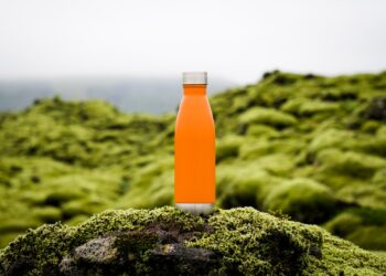 orange tumbler on green moss