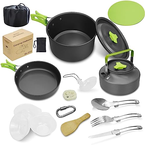 Tokmali Camping Cookware Kit, Portable Aluminum Outdoor Cooking Set with Pot, Pan, Kettle, Mess Kit, Carabiner, Nylon Storage Bag for 2-3 People to Camping/Hiking/Picnic/Travel/Outdoor Party